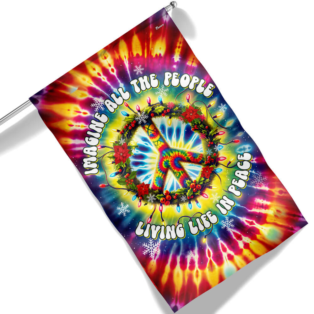 Hippie Peace Sign Christmas Flag Imagine All The People Living Life In Peace - Liberish