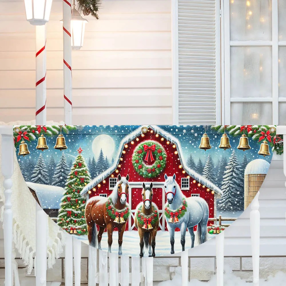 Horse Christmas Holiday Festive Farm Red Barn Non Pleated Fan Flag - Liberish