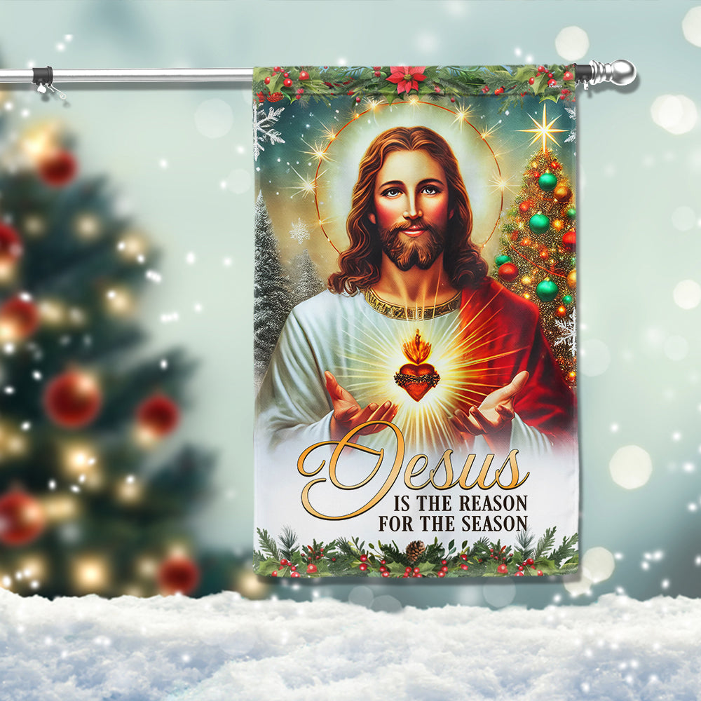 Jesus Christ Scared Heart Christmas Flag Jesus Is The Reason For The Season - Liberish
