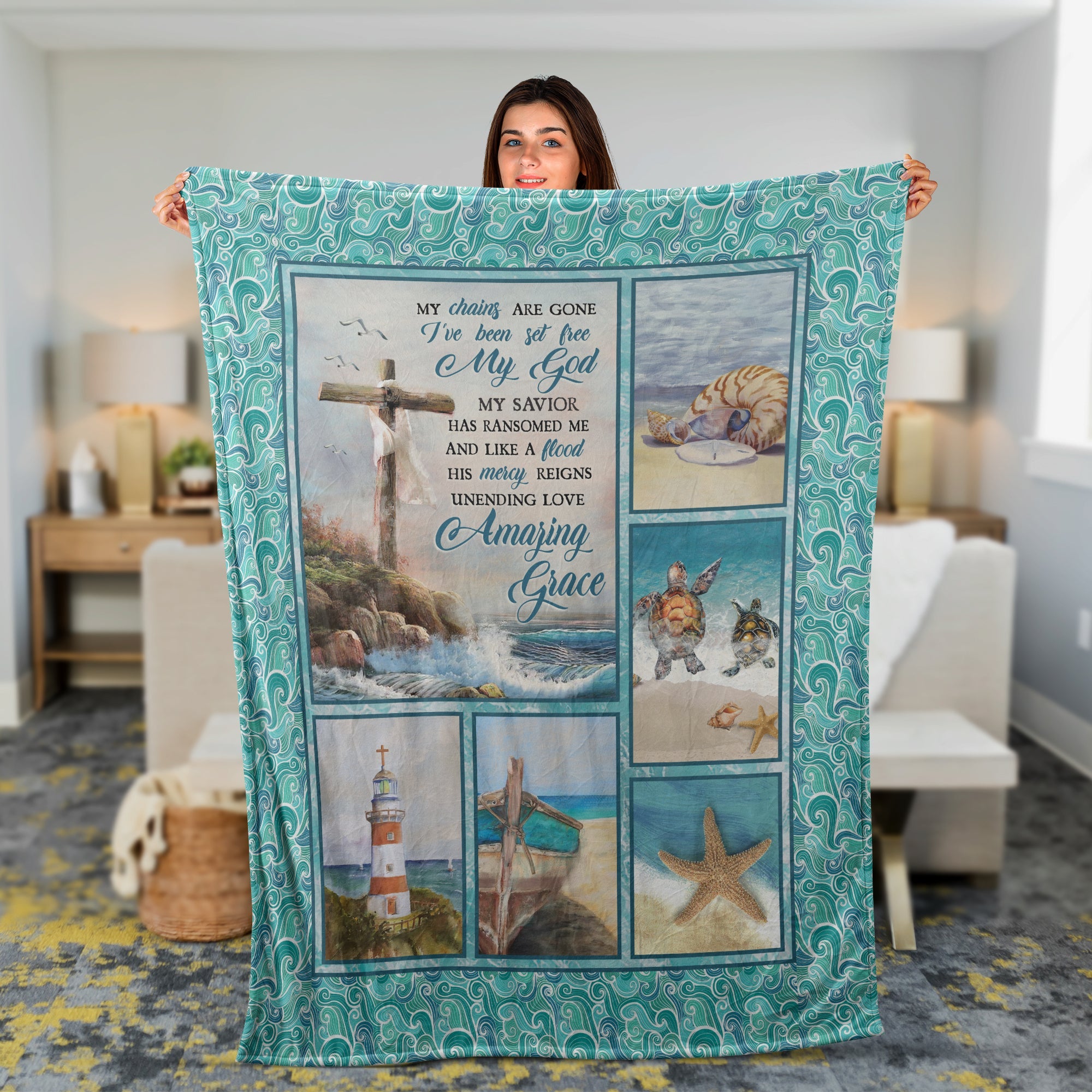 Christian Throw Blanket, Jesus And Ocean Blanket, Faith Blanket, Inspirational Gift, Cross And Turtle Blanket - Amazing Grace Blanket
