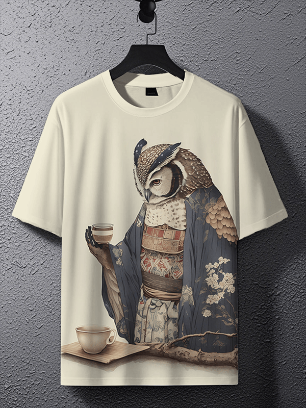 Kimono Owl Drinking Tea Japanese Art Print T-Shirt Gifts For Owl Lovers - Liberish