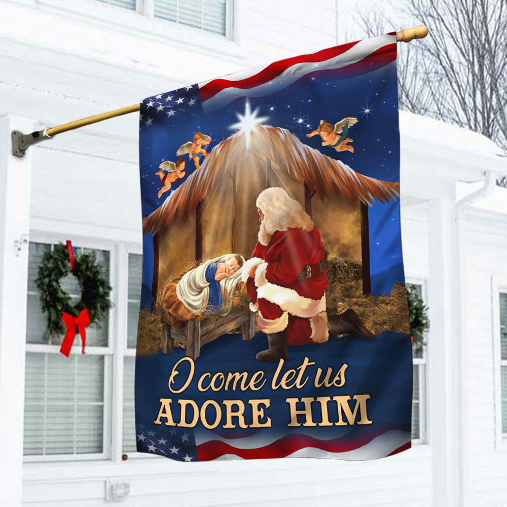Kneeling Santa Flag O Come Let Us Adore Him - Liberish