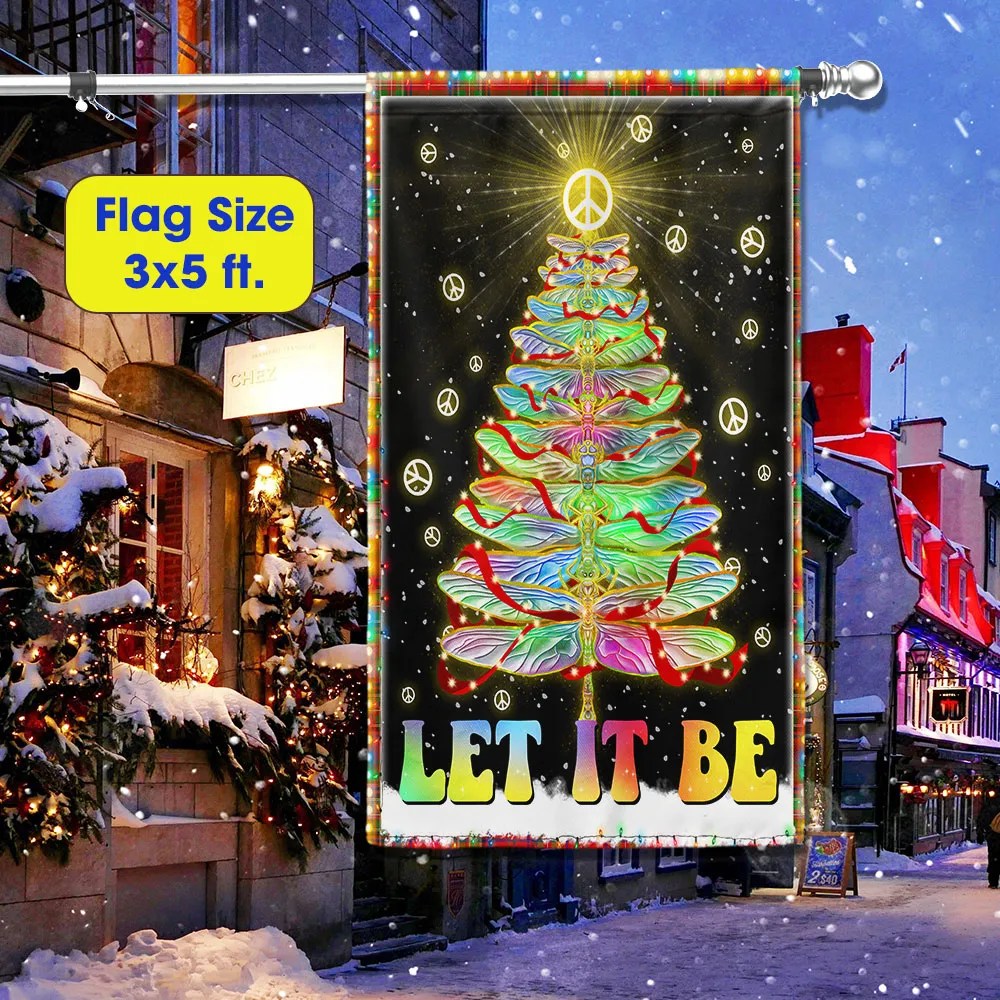 Let It Be Hippie Christmas Flag Peace Sign Dragonfly Christmas Tree Flag - Liberish