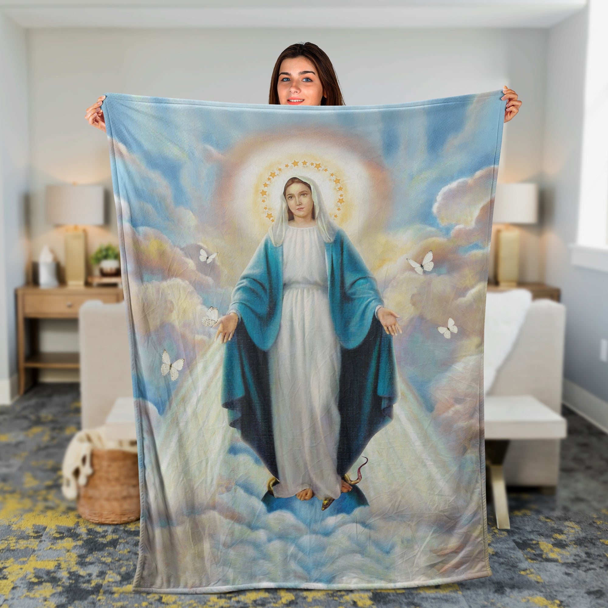 Christian Throw Blanket, Faith Blanket, Jesus Blanket, Inspirational Gift - Beautiful Virgin Mary, Stunning sky, The way to heaven, White butterfly