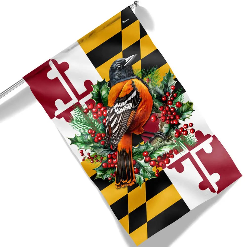 Maryland Christmas Baltimore Oriole Bird And Christmas Wreath Flag - Liberish