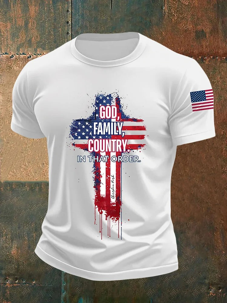 Men's God Family Country In That Order Cross Short-sleeved T-shirt Gift For America Supporters - Liberish
