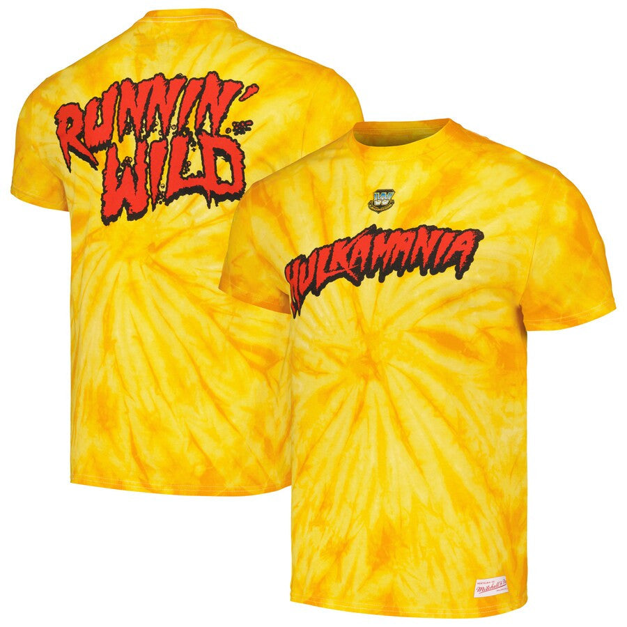 Men's Mitchell & Ness Yellow Hulk Hogan Hulkamania Tie-dye T-shirt Forever Hulkamania Fan Gift - Liberish