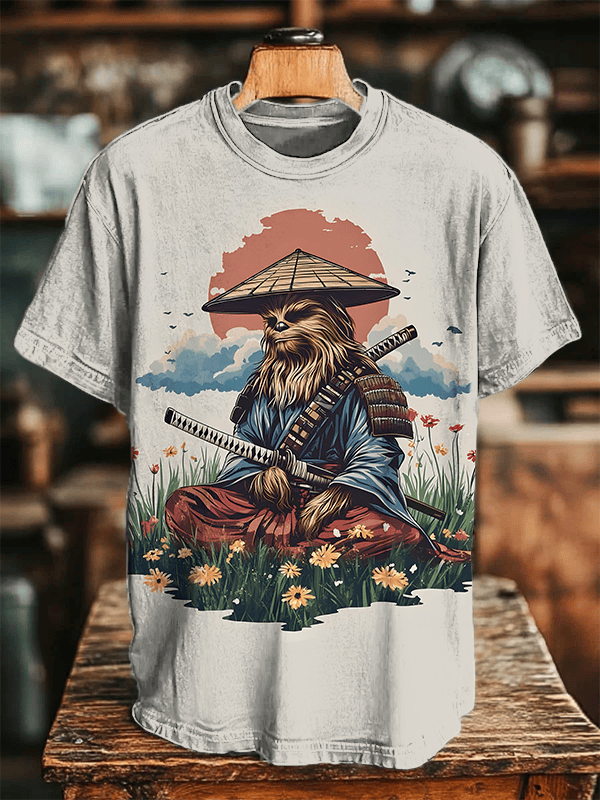 Men's Monkey Warrior In Meditation Flower Art Print T-Shirt Monkey Lovers Gifts - Liberish