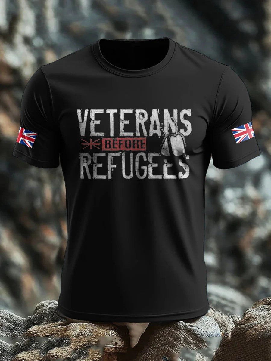 Men's UK Flag Immigration Veterans Before Refugees Printed T-shirt Gift For Patriotic, Proud Military Veterans - Liberish