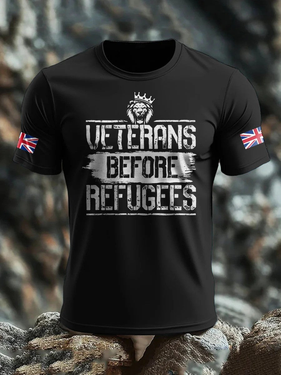 Men's UK Flag Immigration With Lion Veterans Before Refugees Printed T-shirt Gift For Patriotic, Proud Military Veterans - Liberish