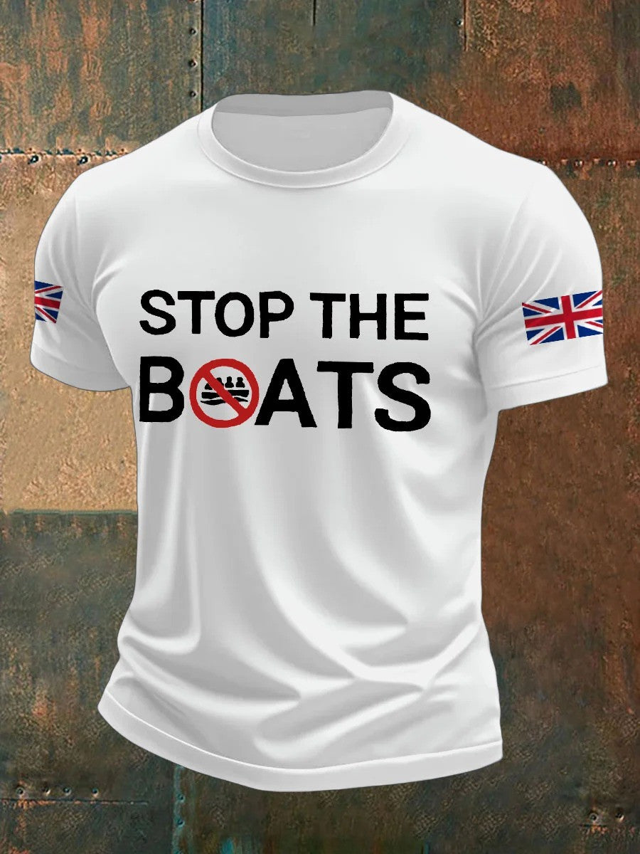 Men's UK Flag Stop The Boats Printed T-shirt Gift For Patriotic, Proud Military Veterans - Liberish