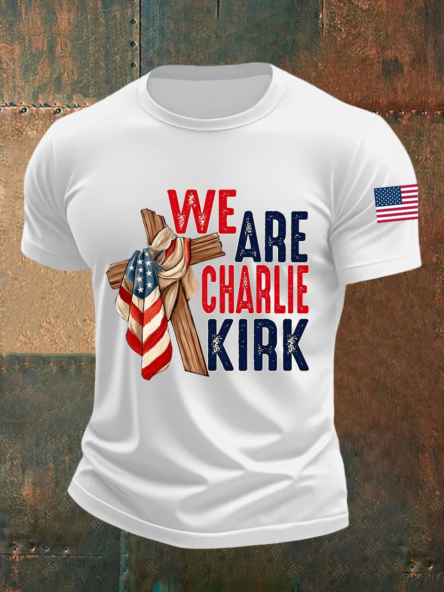 Men's We Are Charlie Kirk Flag Cross Short-sleeved T-shirt Best Gift For America Lovers and Supporters - Liberish
