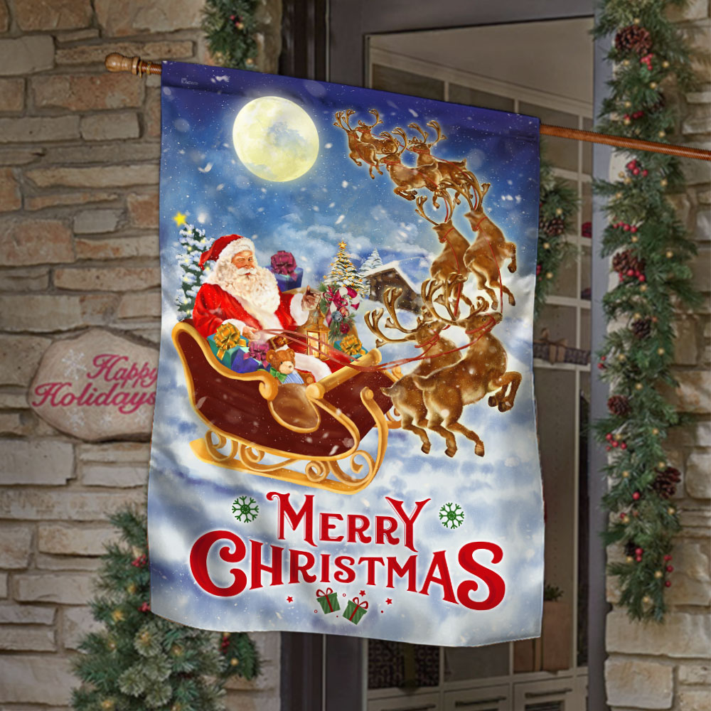 Merry Christmas Flag Santa Claus Reindeer Sled - Liberish