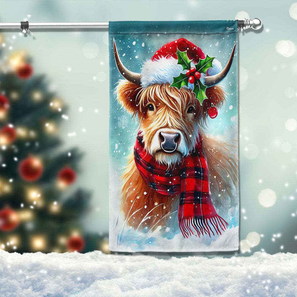 Merry Christmas Highland Cow Flag Santa Hat Holiday Gift Home Decor - Liberish