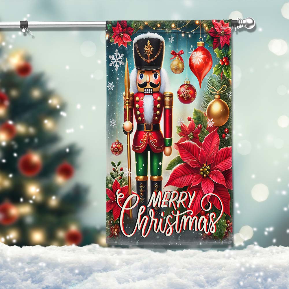 Merry Christmas Nutcracker Poinsettia Flag - Liberish