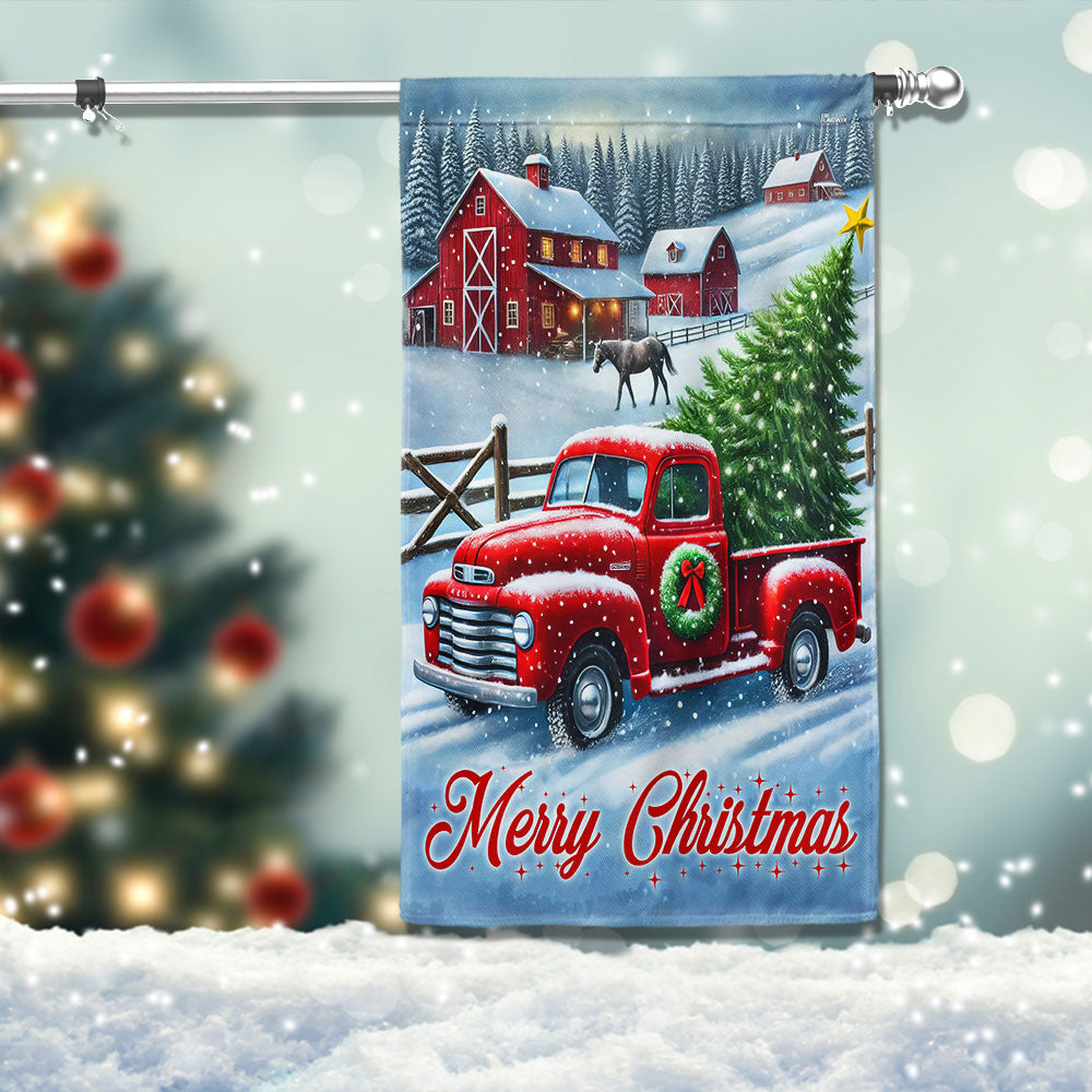 Merry Christmas Red Pickup Truck Farm House Flag - Liberish