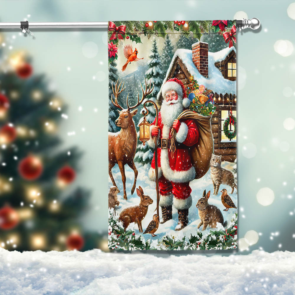 Merry Christmas Santa Claus With Gifts Sack And Animals Winter Holiday Flag - Liberish