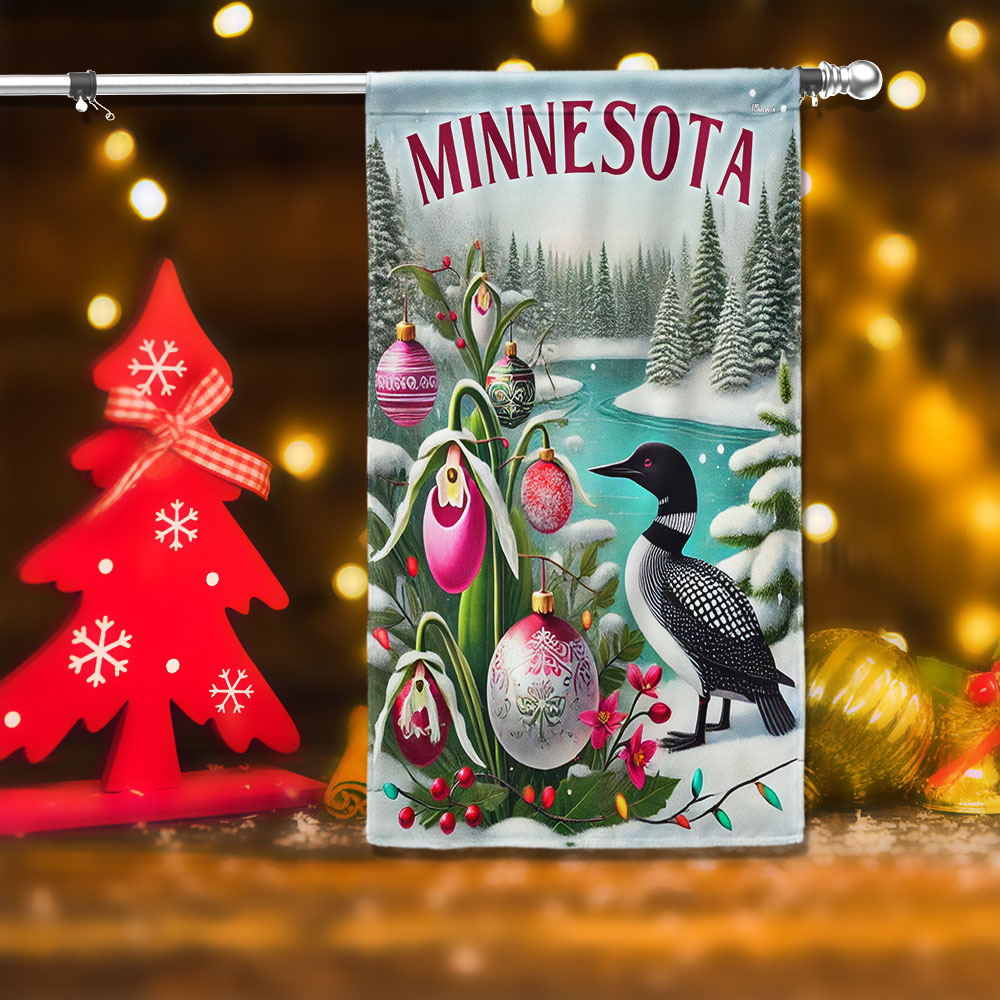 Minnesota Christmas Common Loon And Pink White Lady S Slipper Flag - Liberish