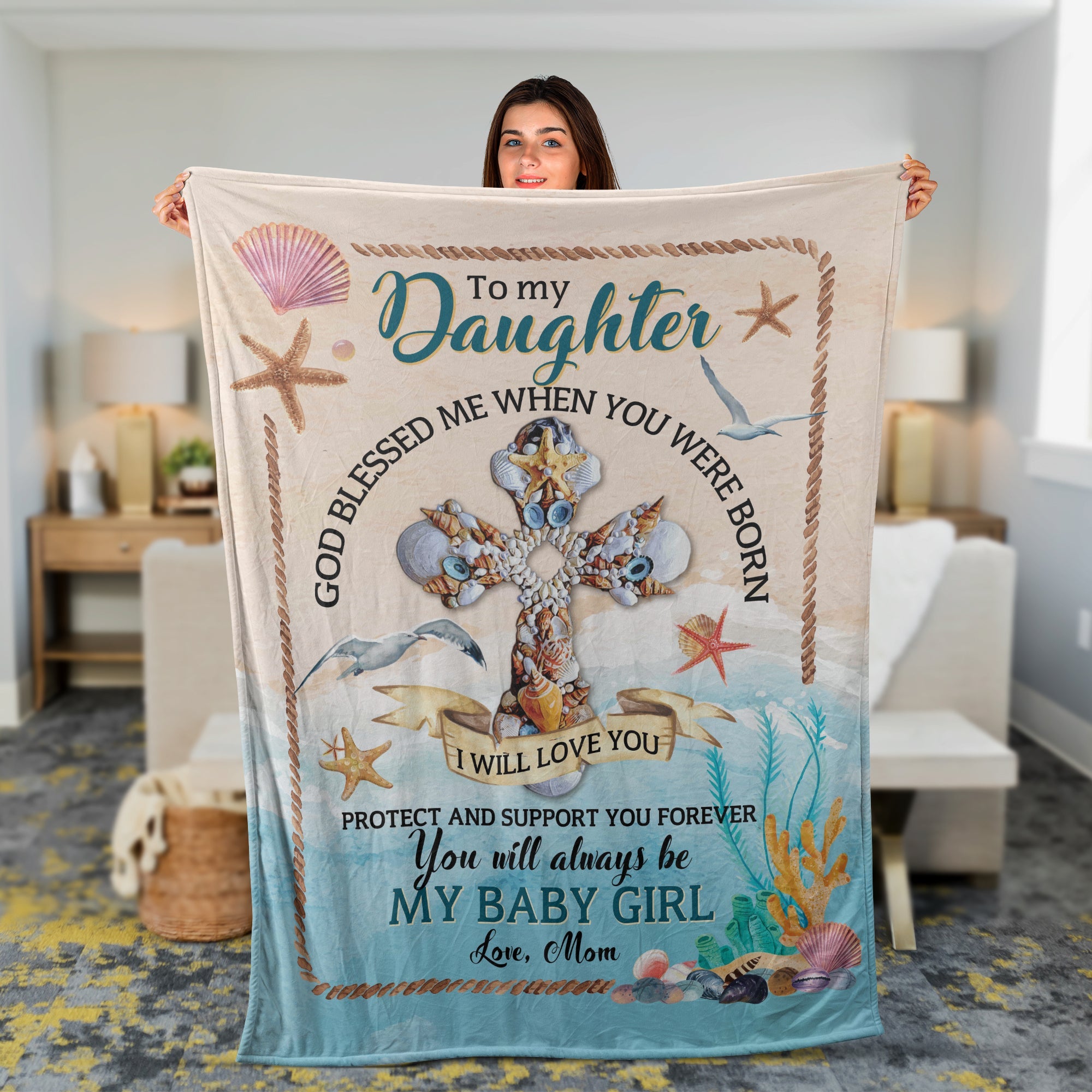 Family Blanket, Daughter And Mom Blanket, Gifts For Daughter From Mom, Mom To Daughter Blanket - Seashell Cross, God Blessed Me When You Were Born