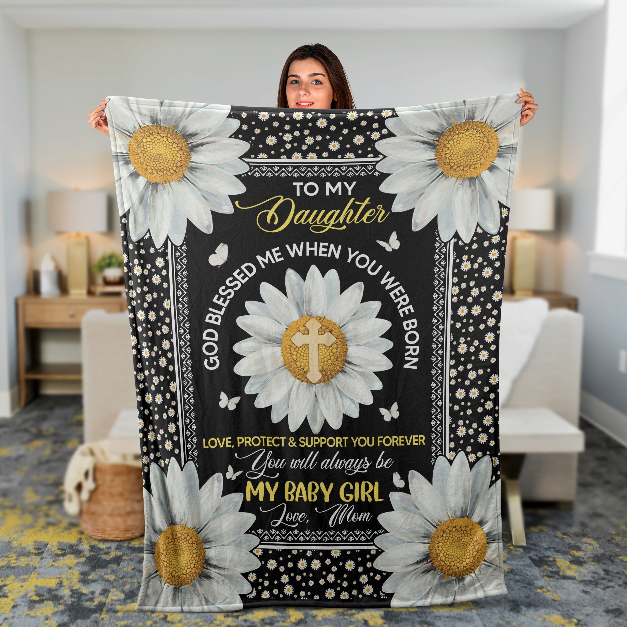 Family Blanket, Daughter And Mom Blanket, Gifts For Daughter From Mom - Mom To Daughter Blanket, Daisy And God Blanket, Blessed Me When You Were Born