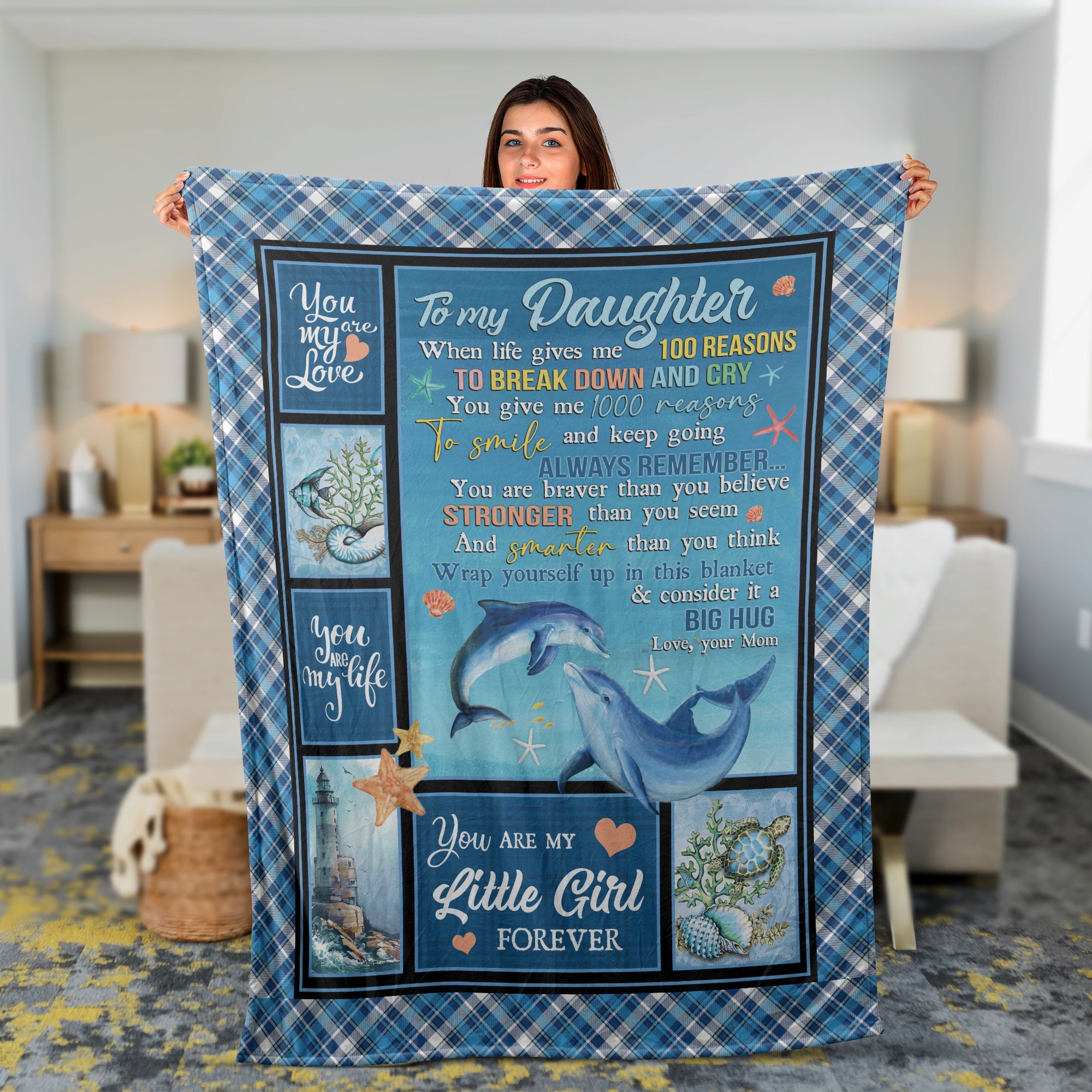 Family Blanket, Daughter And Mom Blanket, Gifts For Daughter From Mom - Mom To Daughter Blanket, Dolphin Ocean Blanket - You Are My Little Girl