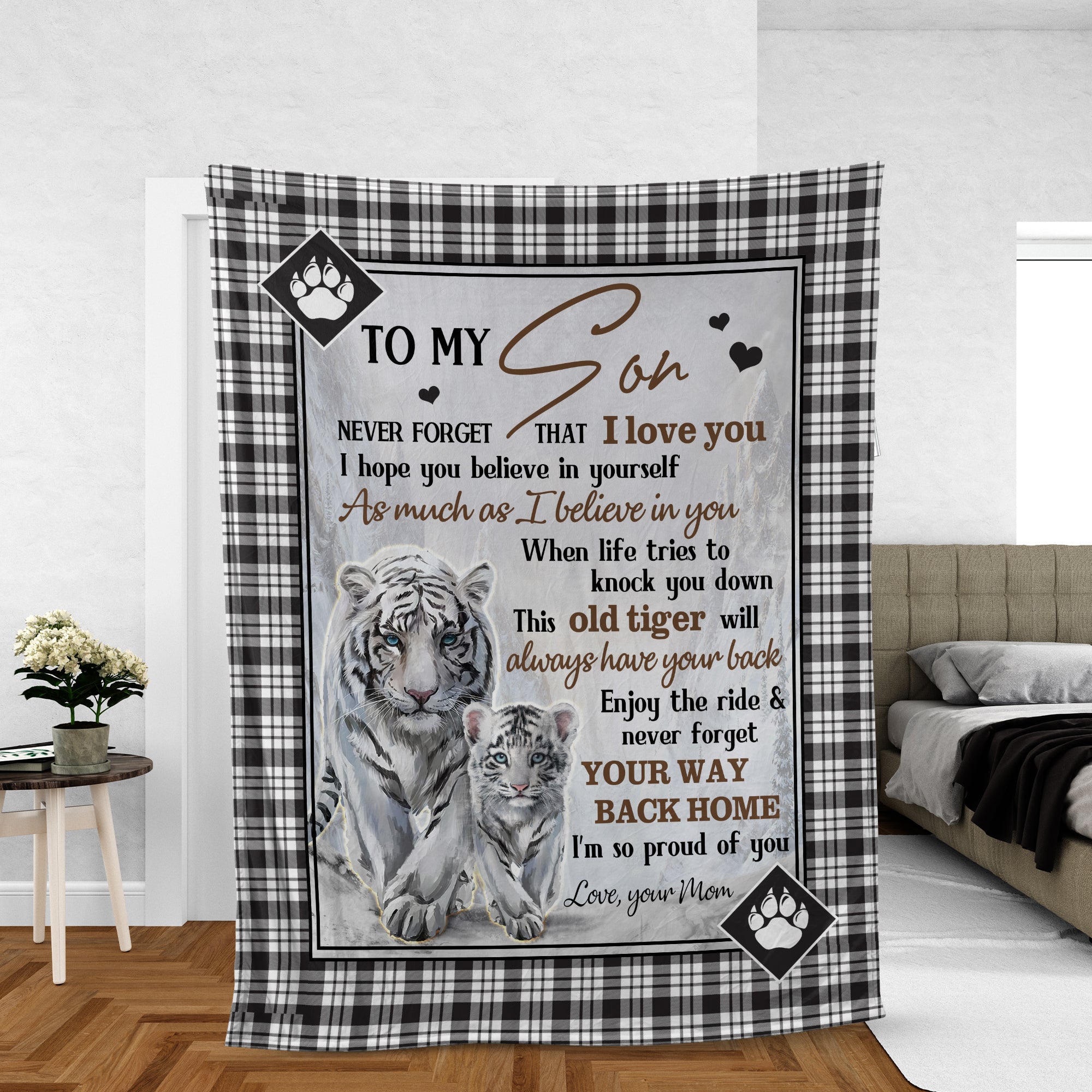 Family Blanket, Son And Mom Blanket - Gifts For Son From Mom - Mom To Son Blanket, Beautiful White Tiger And Her Cup