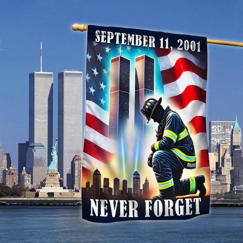 Never Forget 11th September Patriot Day 911 Kneeling Firefighter Flag - Liberish