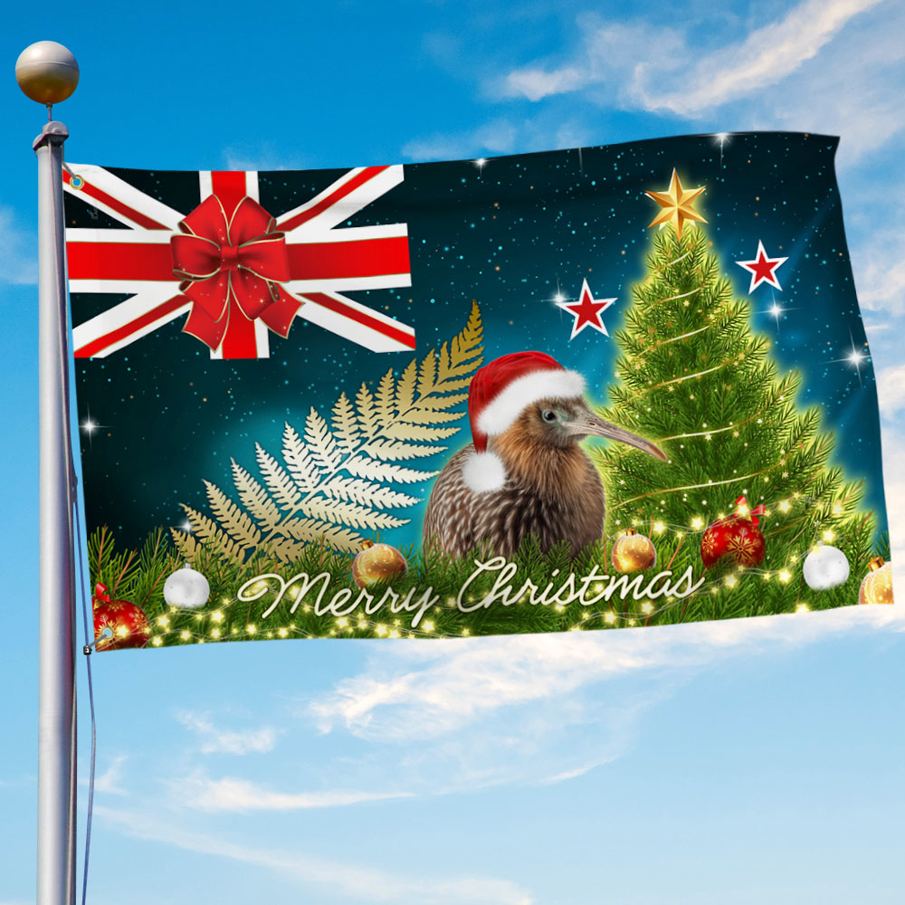 New Zealand Christmas Kiwi Bird And Fern Grommet Flag - Liberish