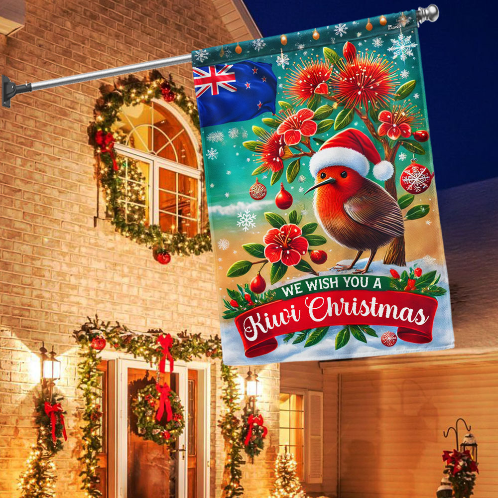 New Zealand Christmas Pohutukawa Tree And Kiwi Bird Flag - Liberish