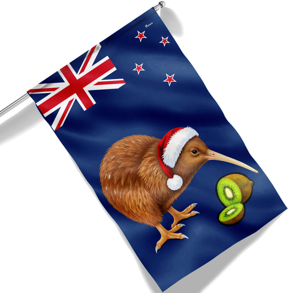 New Zealand Kiwi Bird Merry Christmas Flag - Liberish
