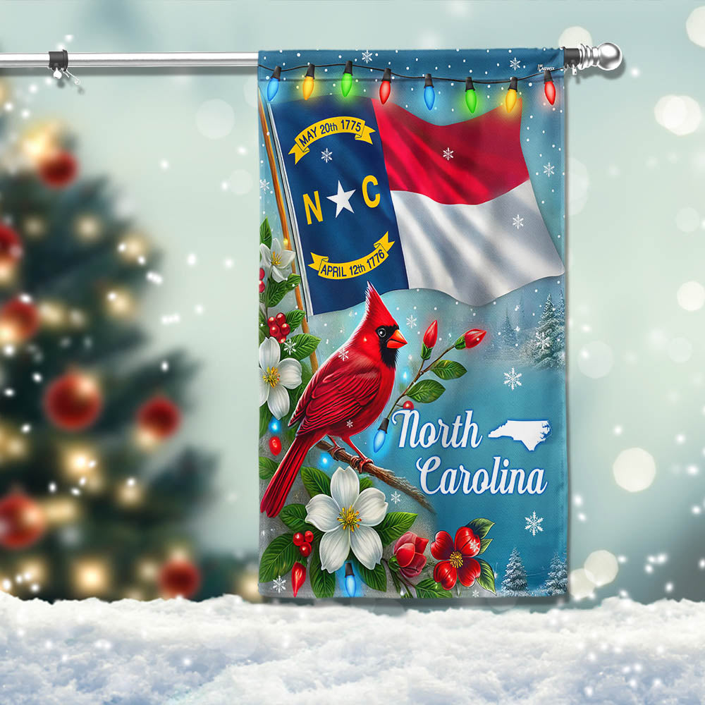 North Carolina State Christmas Cardinal And Dogwood Flower Flag - Liberish