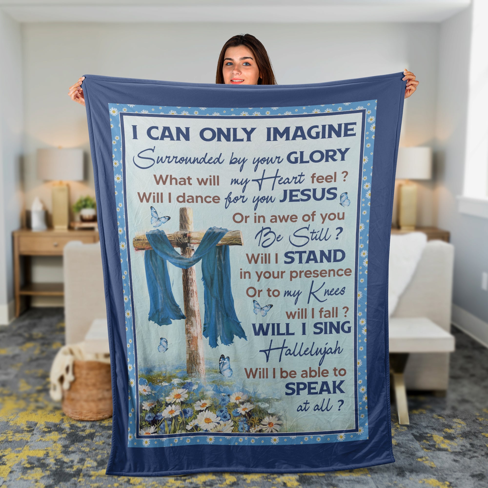 Christian Throw Blanket, Jesus Blanket, Faith Blanket, Inspirational Gift - Old Rugged Cross, Blue Butterfly, Daisy Flowers, I Can Only Imagine