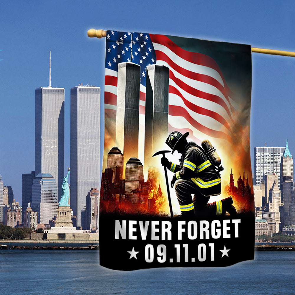Patriot Day 343 Firefighter Never Forget 9 11 Memorial Day Kneeling Firefighter Flag - Liberish