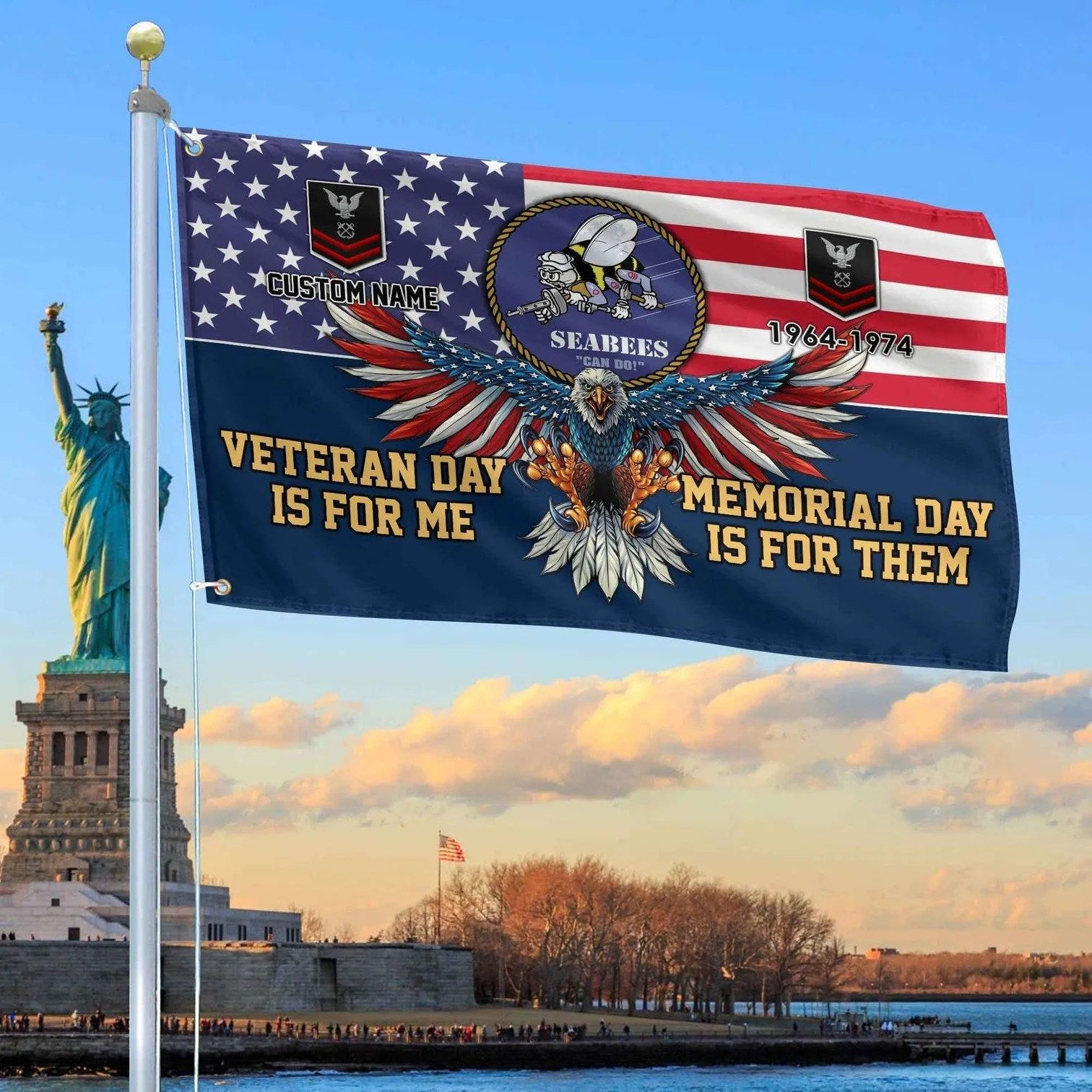 Personalized Eagle US Seabees Flag Veteran Day Is For Me Memorial Day Is For Them Flag - Liberish