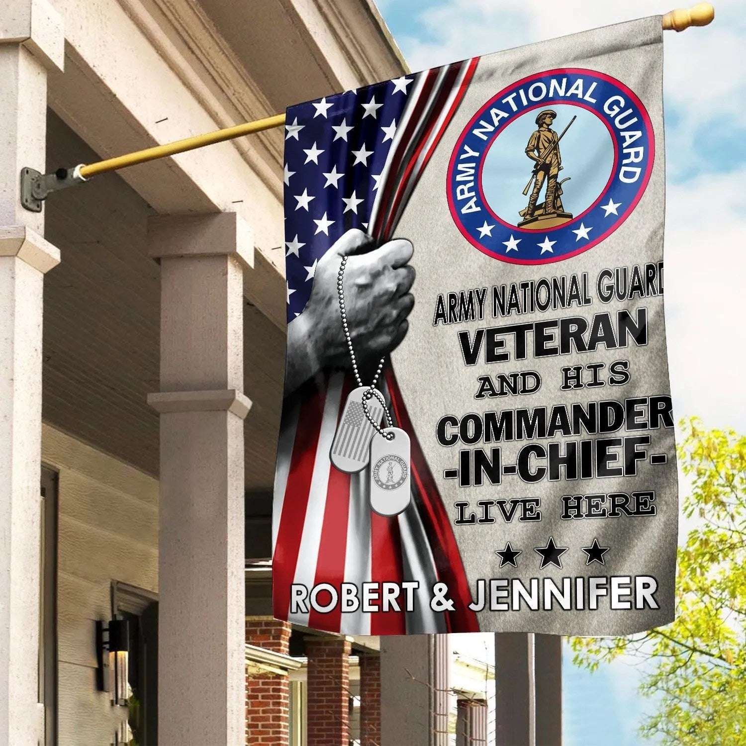 Personalized US Army National Guard Veteran Flag Veteran And His Commander In Chief Live Here - Liberish