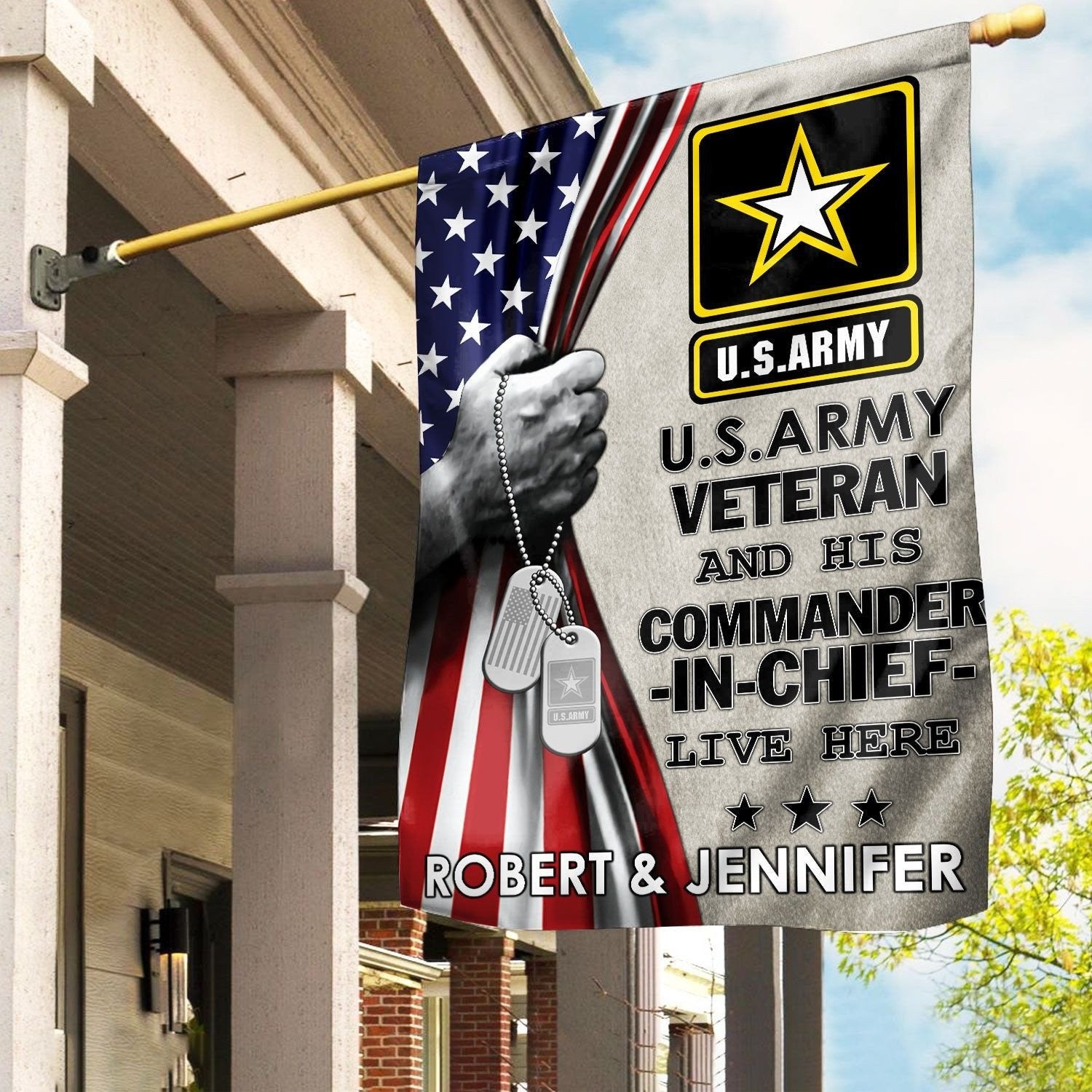 Personalized US Army Veteran Flag Veteran And His Commander In Chief Live Here Flag - Liberish