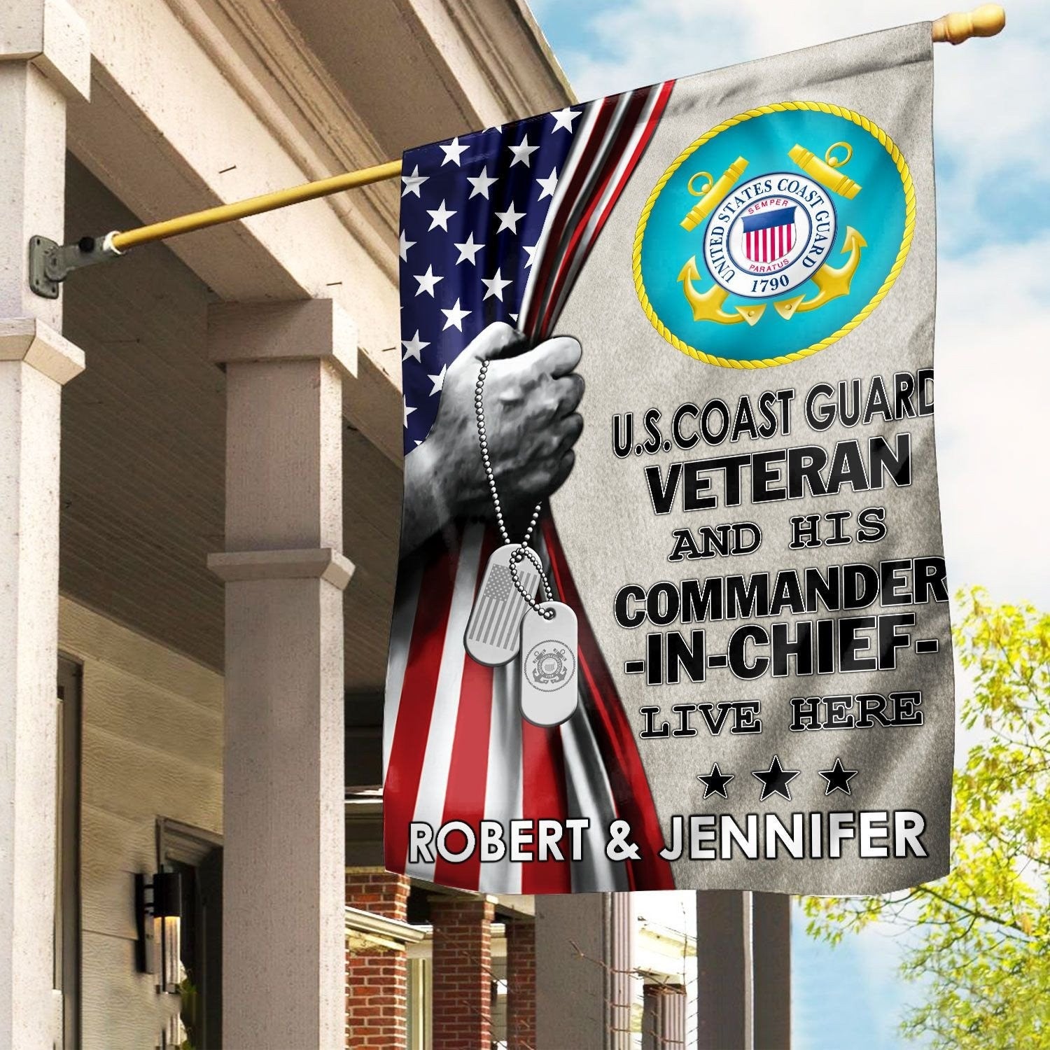 Personalized US Coast Guard Veteran Flag Veteran And His Commander In Chief Live Here Flag - Liberish