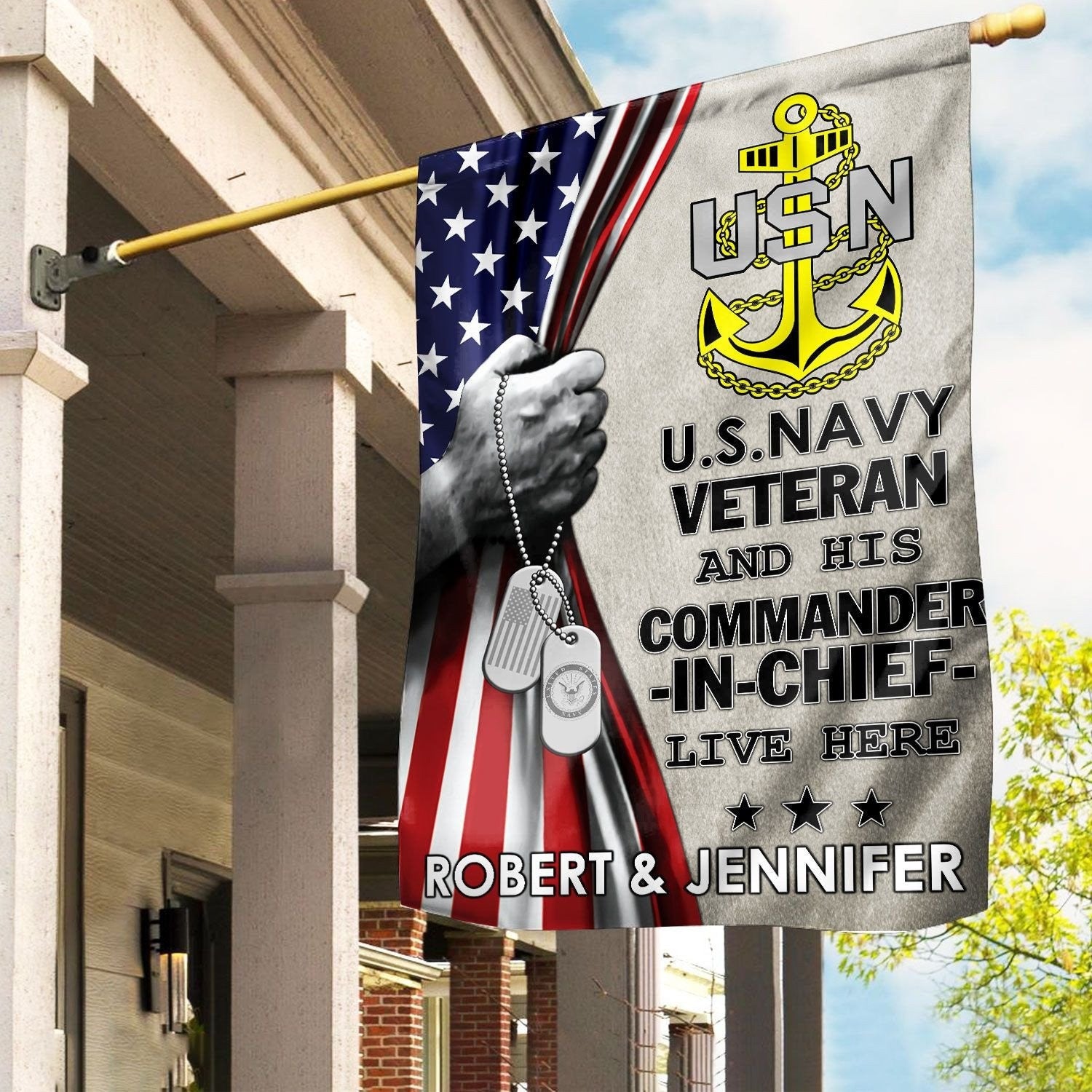 Personalized US Navy Veteran Flag Veteran And His Commander In Chief Live Here Flag - Liberish