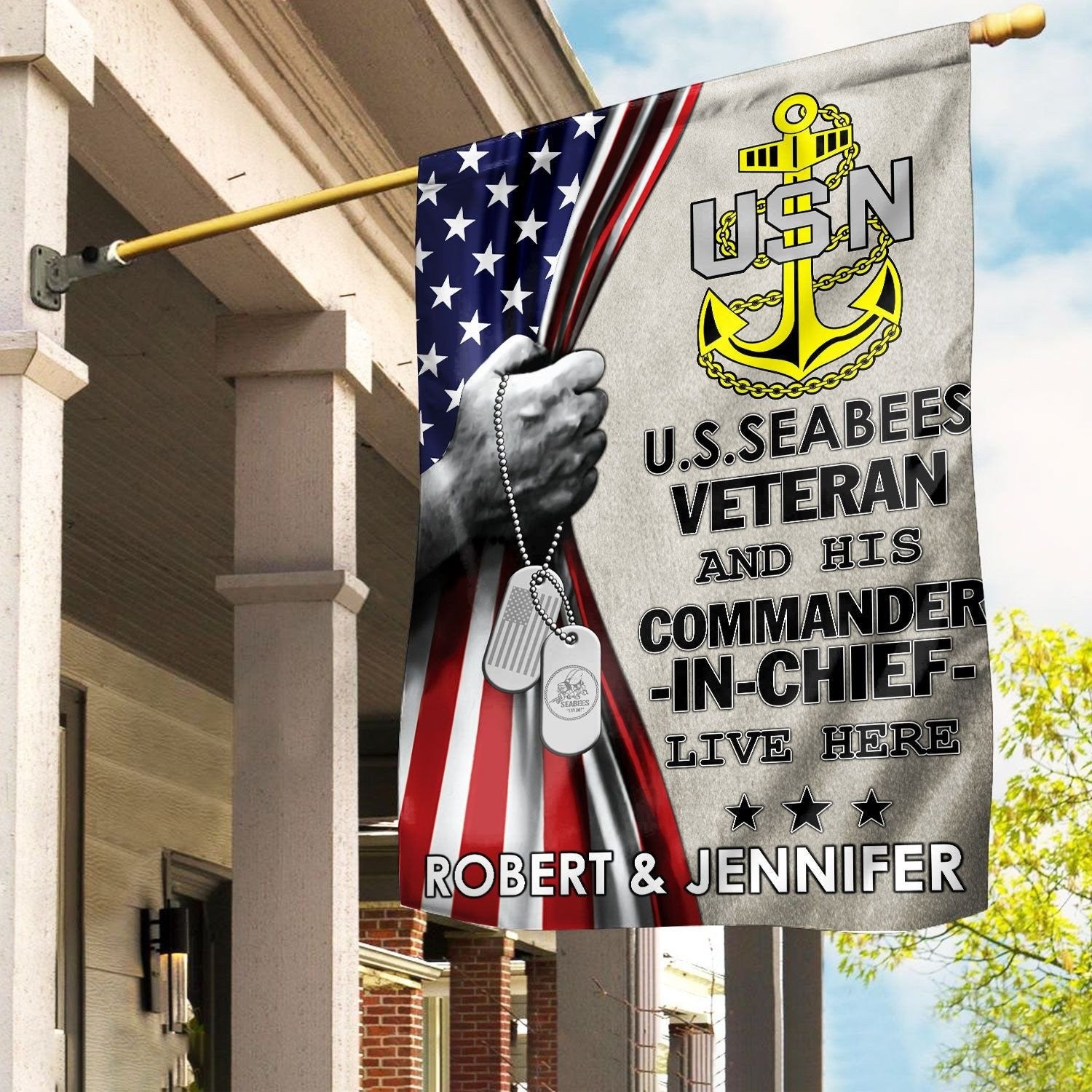 Personalized US Seabees Veteran Flag Veteran And His Commander In Chief Live Here Flag - Liberish