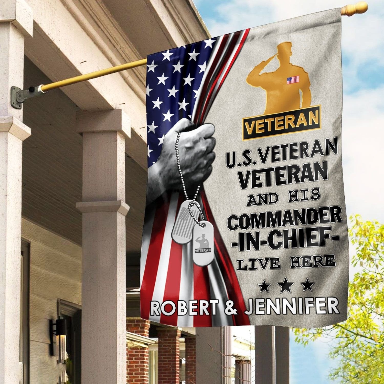 Personalized US Veteran Flag Veteran And His Commander In Chief Live Here Flag - Liberish