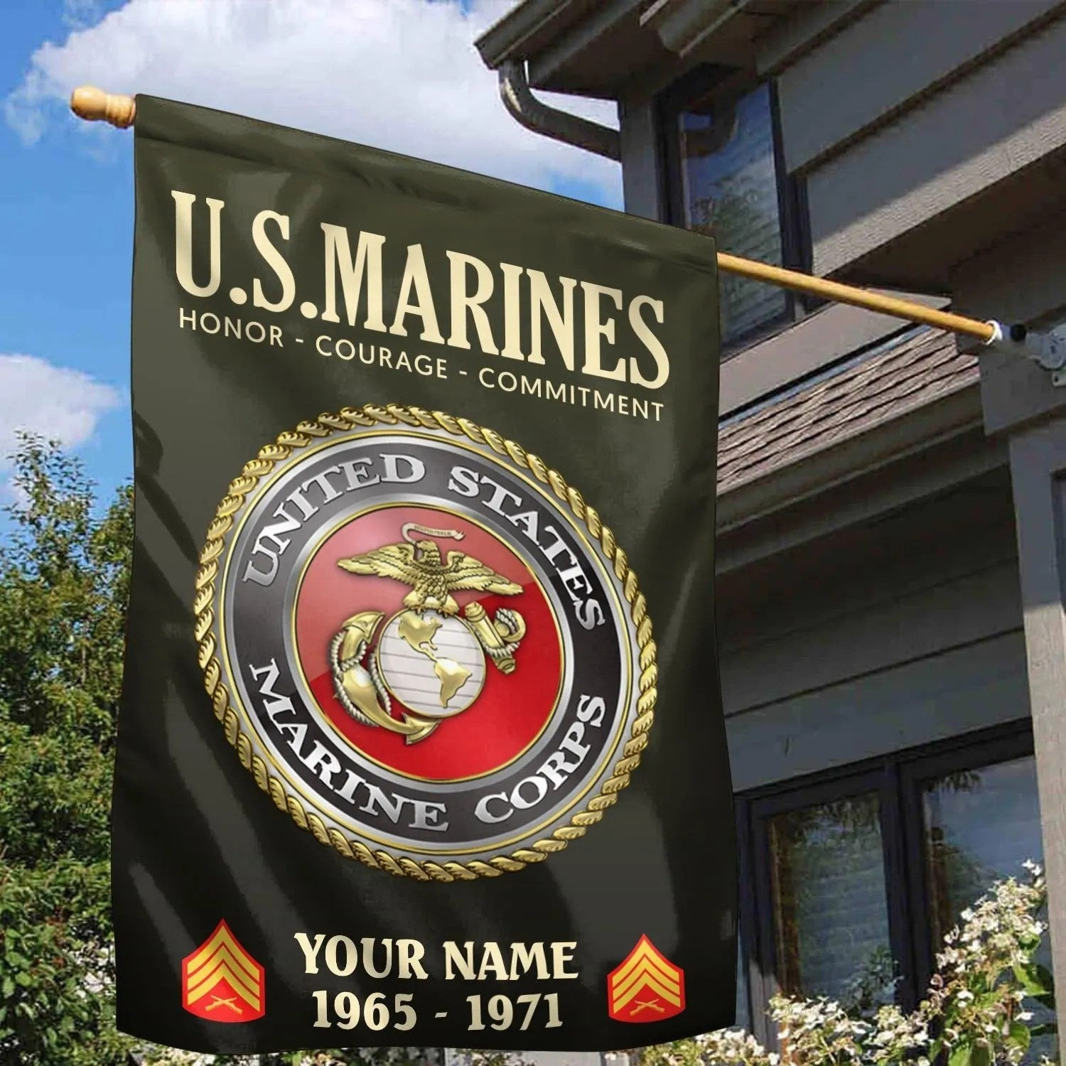 Personalized USMC Honor Courage Commitment Flag Marine Flag Gifts For Military - Liberish