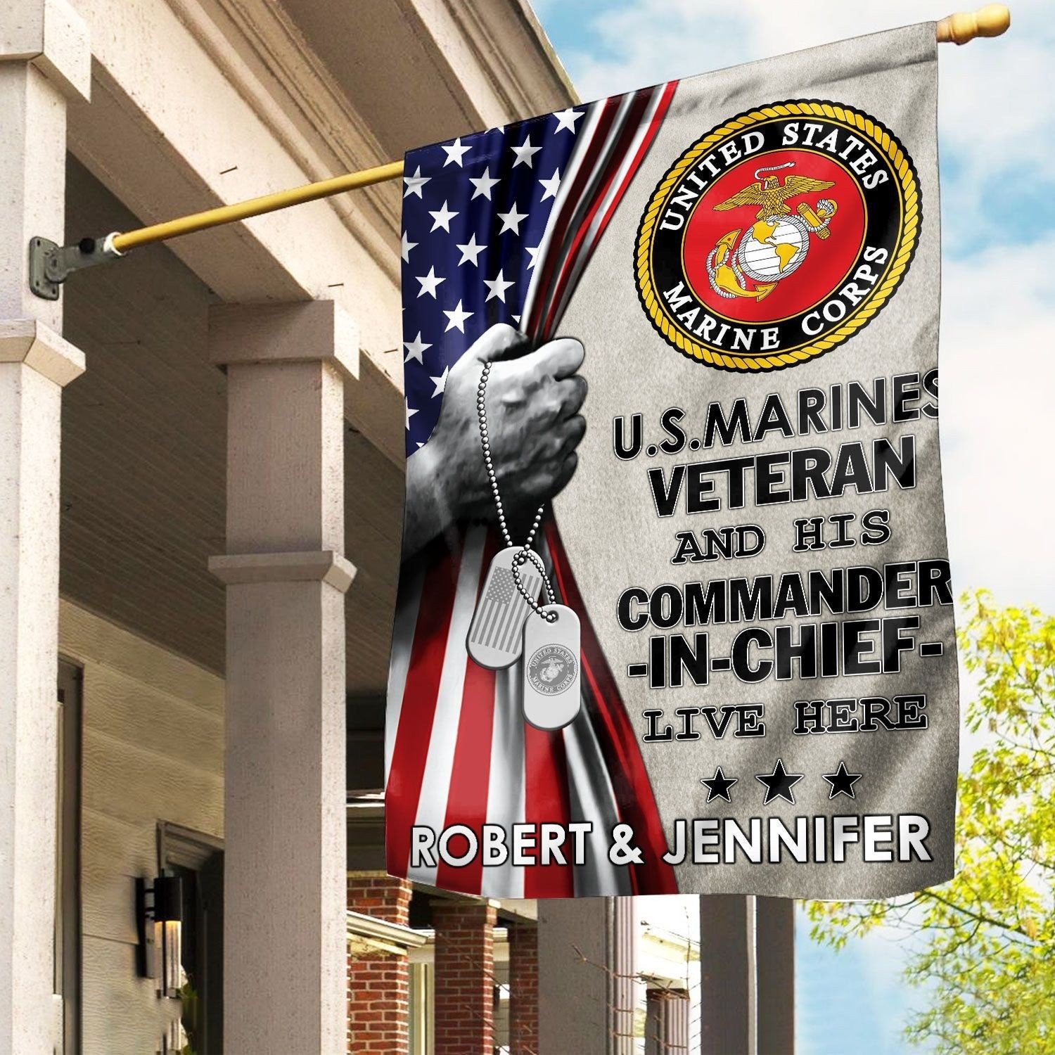 Personalized USMC Veteran Flag Veteran And His Commander In Chief Live Here Flag - Liberish