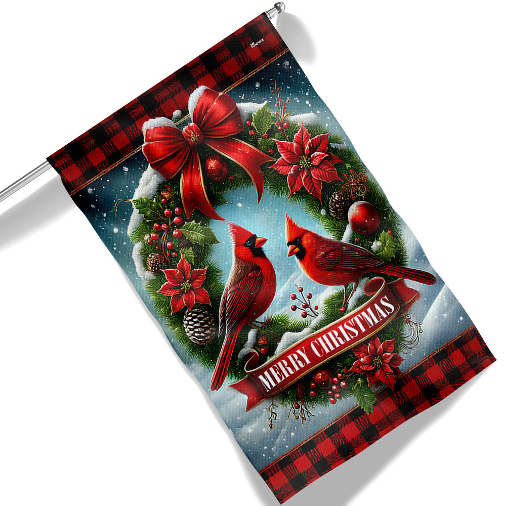 Red Cardinal Christmas Wreath Flag - Liberish