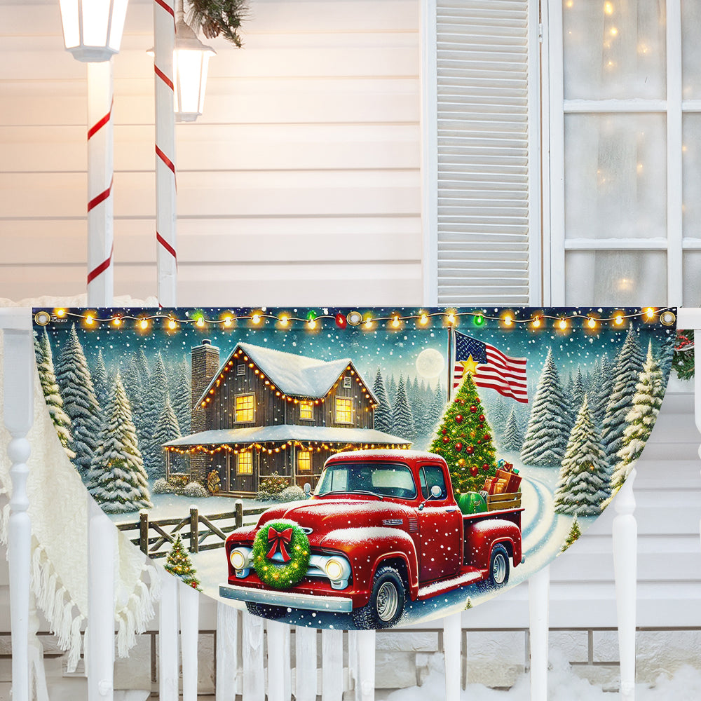 Red Pickup Truck Countryside Christmas Non Pleated Fan Flag - Liberish