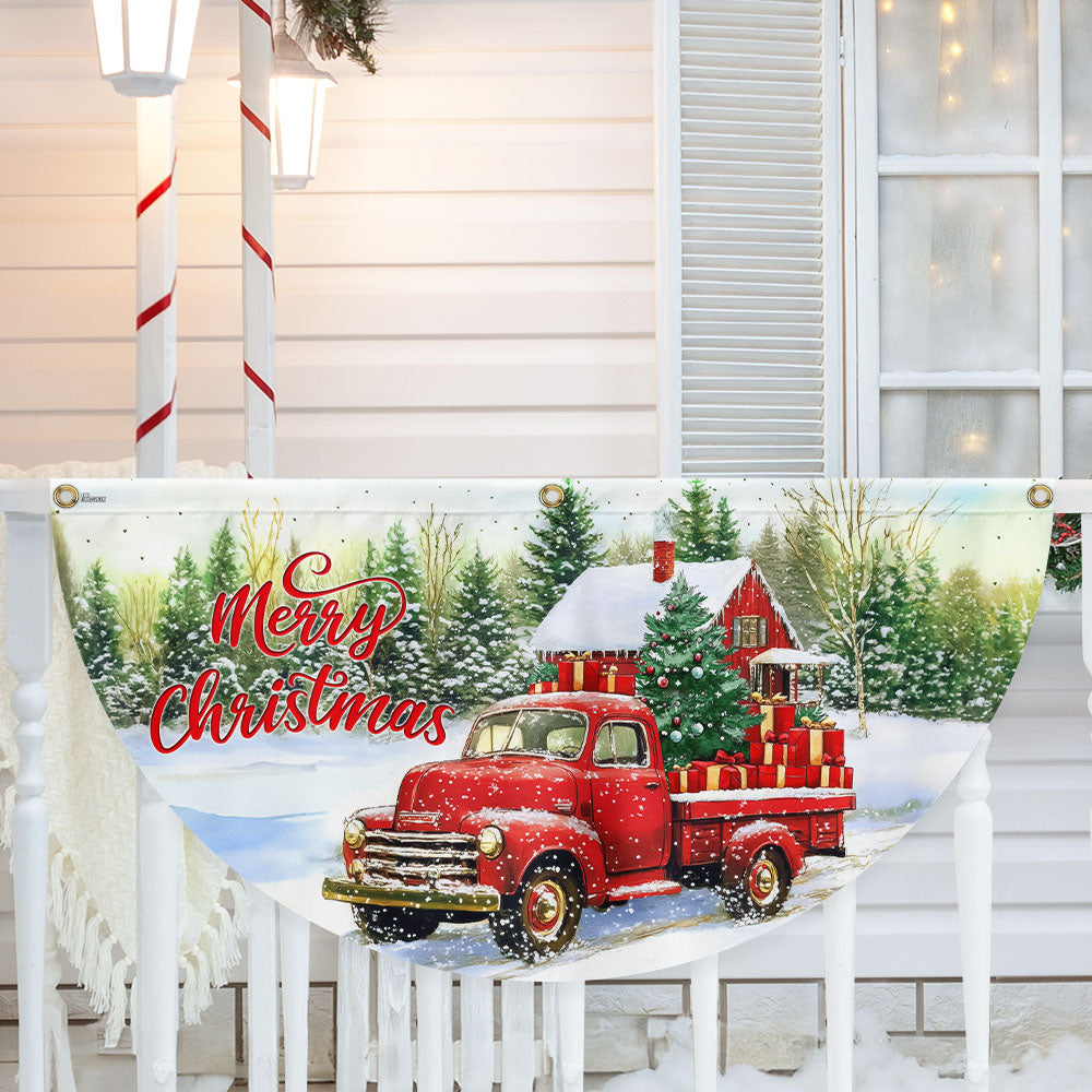 Red Pickup Truck Merry Christmas Non Pleated Fan Flag - Liberish