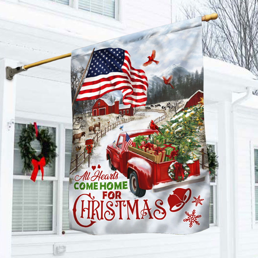 Red Truck American Flag All Hearts Come Home For Christmas - Liberish