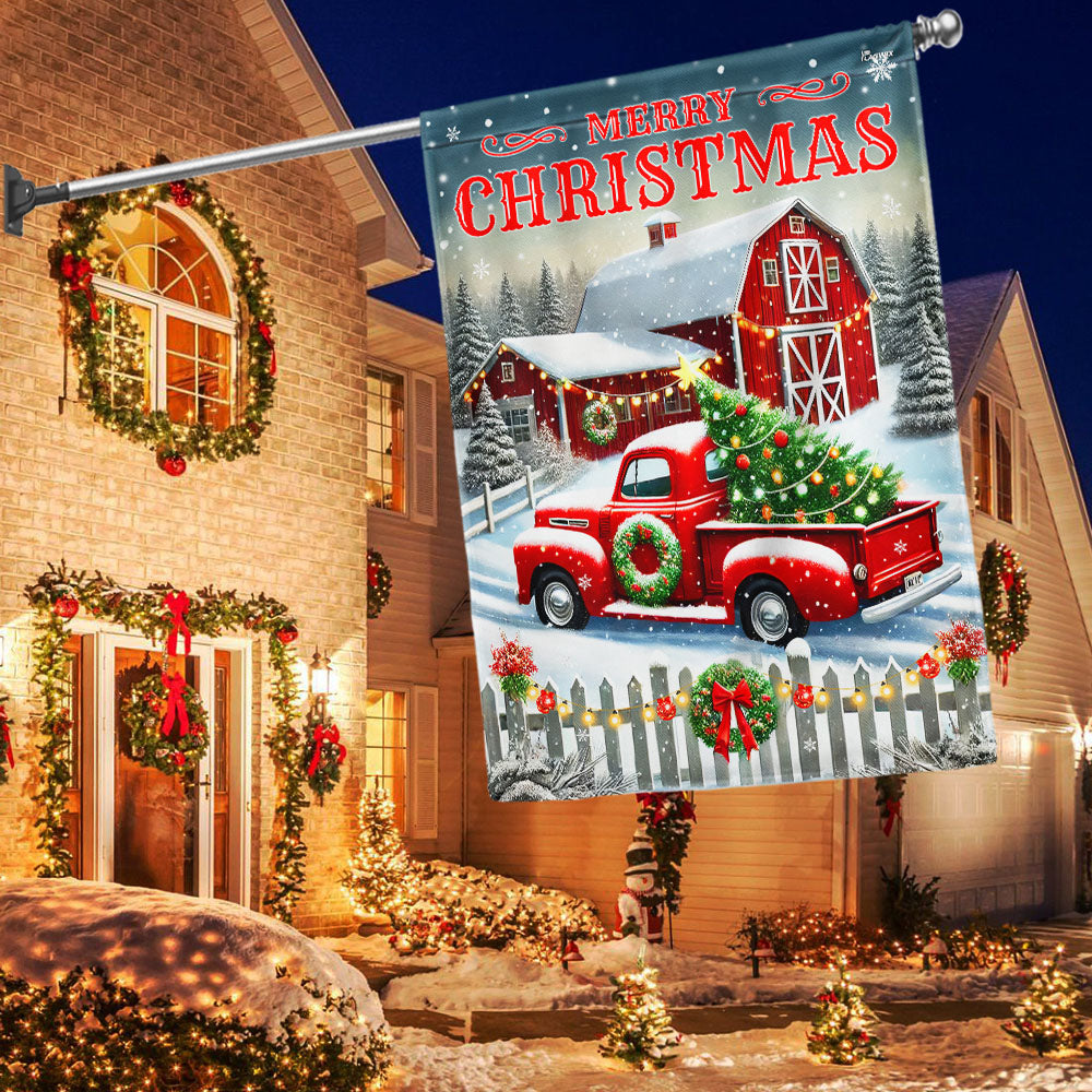 Red Truck And Barn Merry Christmas Flag - Liberish