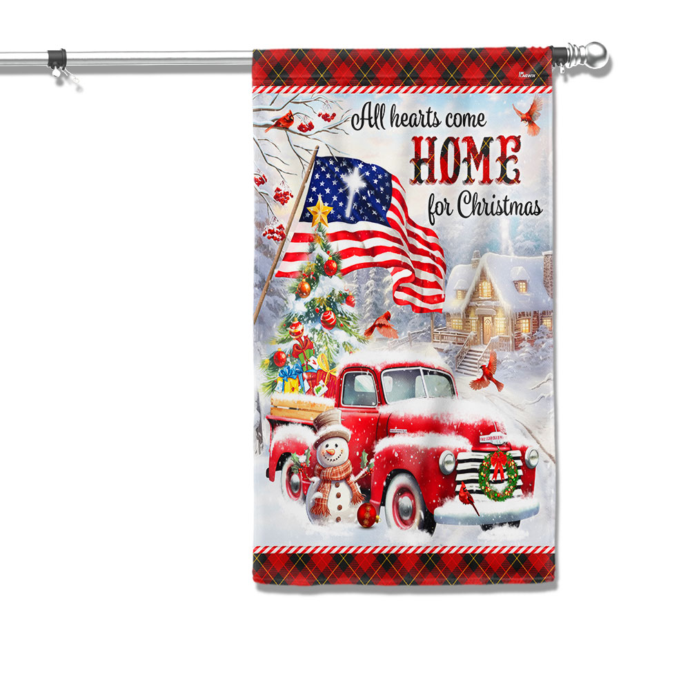 Red Truck Christmas Flag All Hearts Come Home For Christmas - Liberish