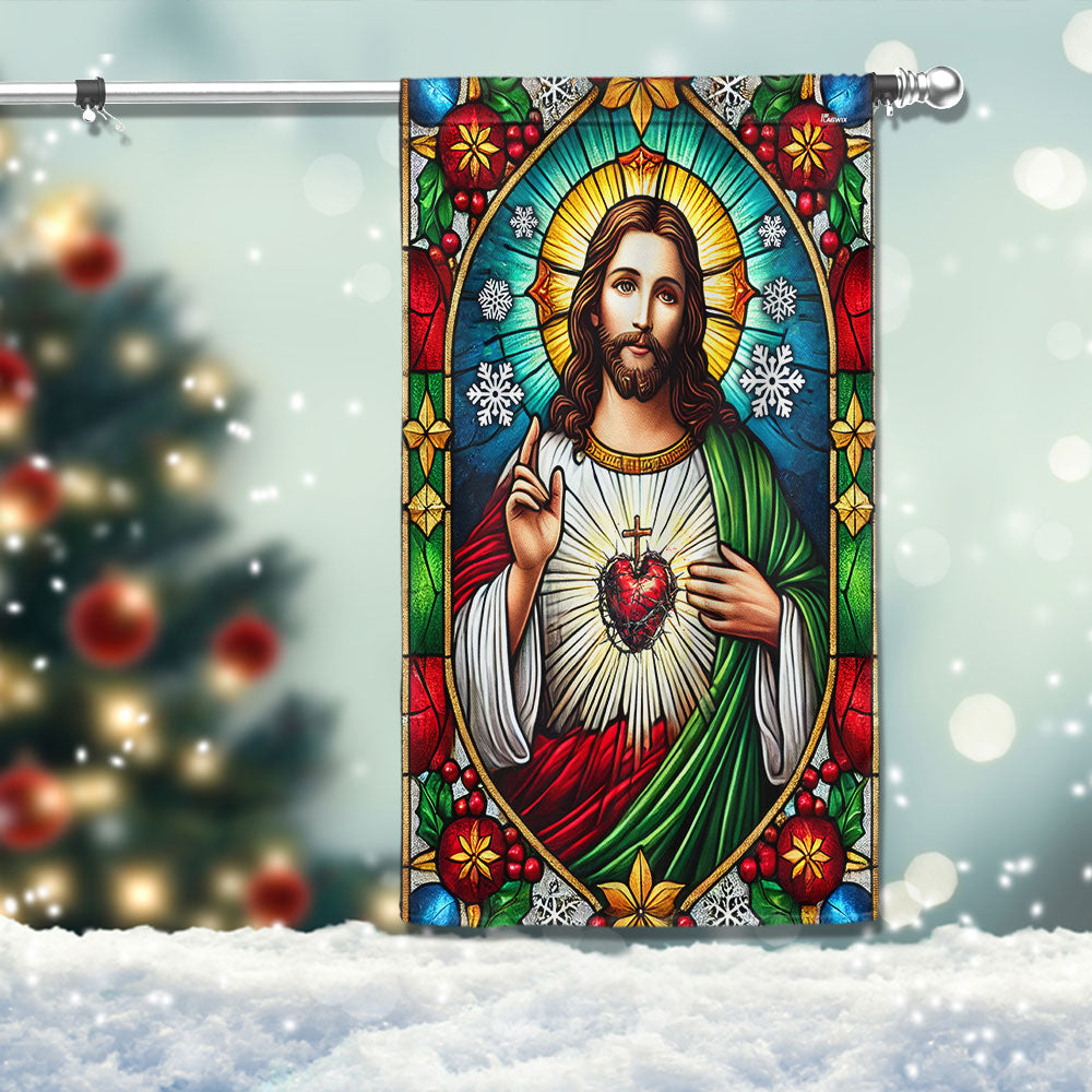 Sacred Heart Of Jesus Stained Glass Christmas Flag - Liberish