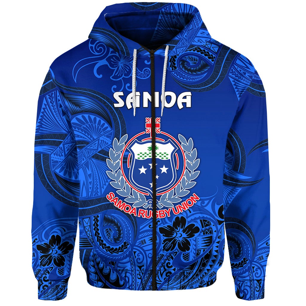 Samoa Manu Zip Hoodie Rugby Unique Style Full Blue LT8